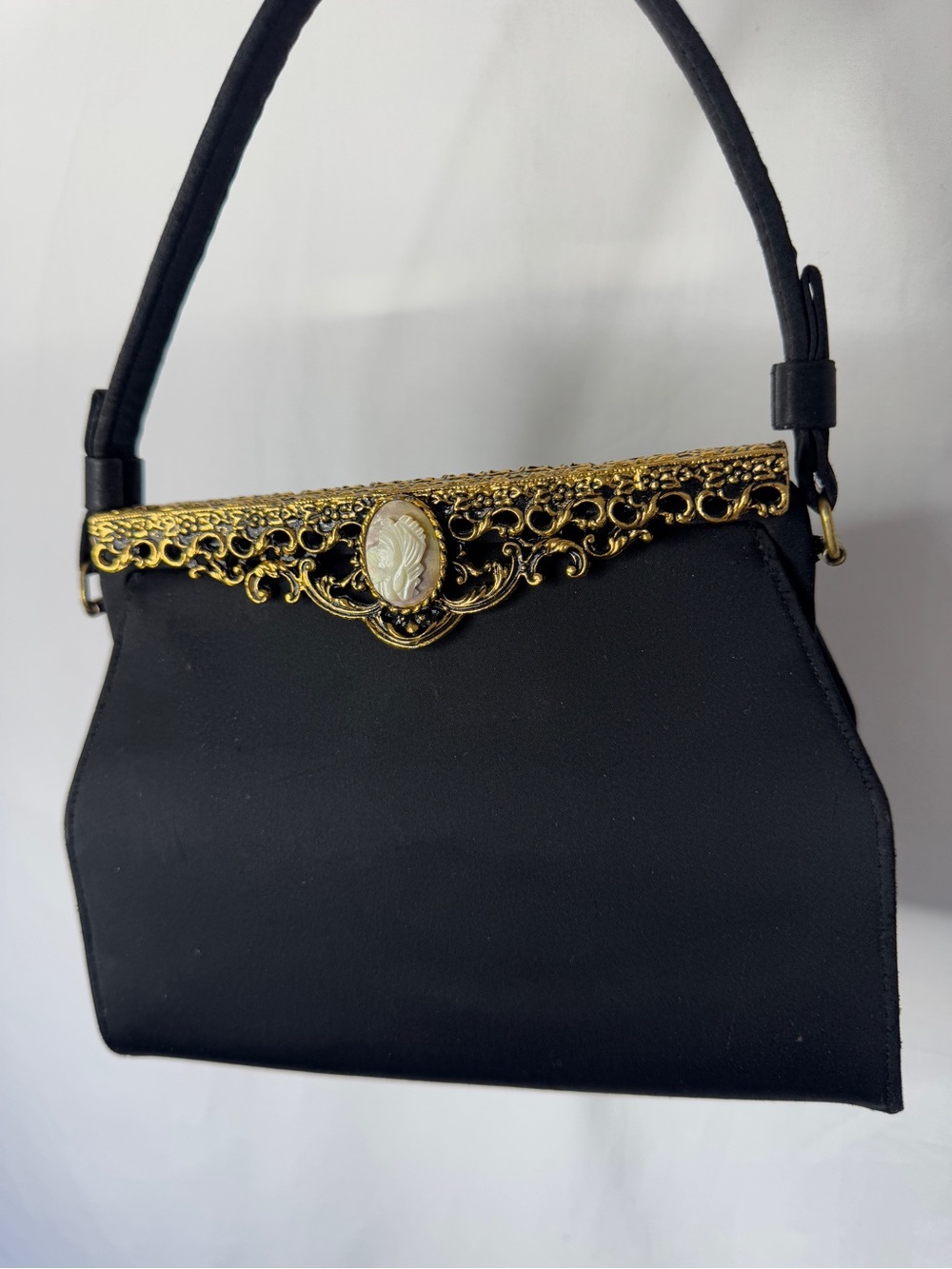 1950s Black Vintage Handbag with Gold Cameo Accent